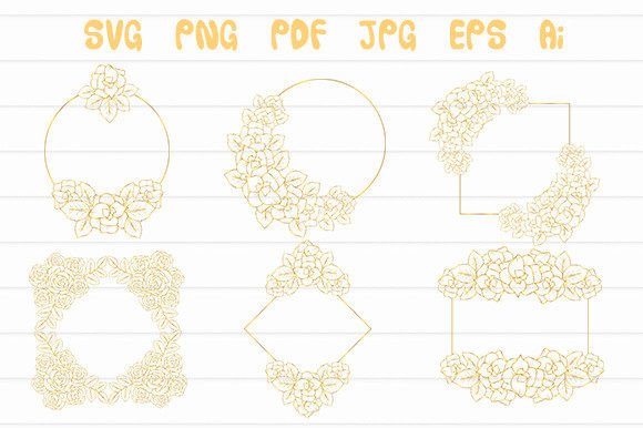 Golden Flower Frame Bouquet Line Art Graphics for Illustrations
